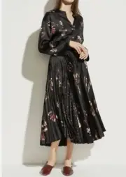 $345 VINCE Mixed Tulip Print Pleated Midi Skirt Floral 00 Black Satin A-Line NEW