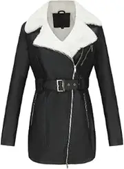 [Generic] Women's Lined Sherpa Faux Leather Jackets Mid Length Long Sleeve Lapel Winter Coats Warm Double Zipper Outerwear with Belt