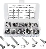 FandWay 600Pcs M3 Screw Assortment Kit 304 Stainless Steel Phillips Pan Head Machine Screws Bolts Nuts Lock Flat Washers with Storage Box