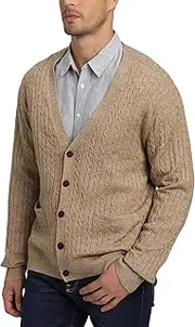 [Kallspin] Men’s Wool Blend Cable Knit Cardigan Sweaters Lightweight V Neck Button Down Long Sleeve Cardigan with Pockets