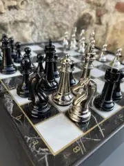 Luxury Brass Chess Set – Wooden Board with Marble-Style Storage Box