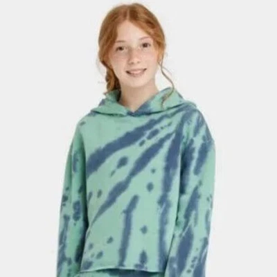 Kids' Fleece Raw Edge Boxy Cropped Hoodie - art class Blue/Green SMALL (6/6X)