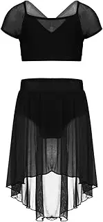 [Yhong] Kids Girls Two Piece Ballet Lyrical Dance Gymnastics Outfits Mesh Crop Top with High Low Skirt Dancewear