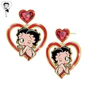 18K Gold-Plated Betty Boop Art Red Heart Earrings