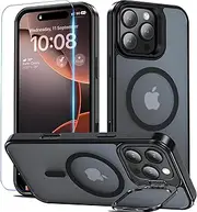 Fin2feel Magnetic for iPhone 16 Pro Max Case with Screen Protector, Compatible with MagSafe, Built-in Stand Phone Case Military Shockproof Protective Matte Cover for iPhone 16 Pro Max Case (Black)