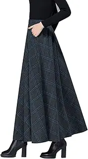 [XMZFQ] Women's Tartan Maxi Skirt Winter Vintage Woolen Plaid A-Line Maxi Skirt Elastic Waist Elegant Swing Skirt Warm Thick High Waist Pleated Flared Skirt
