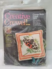 Vtg Creative Crewel Columbia Minerva Orange Moth Pillow Kit Erica Wilson Design