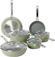 Sur La Table Kitchen Essentials 10 Piece PFA Free Titanium Ceramic Nonstick Interior Forged Aluminum Cookware Pots and Pans Set - Green - Induction Compatible
