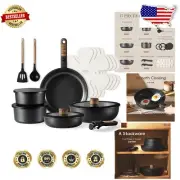 17-Piece Jet Black Granite Cookware Set with Detachable Handle - Space-Saving!