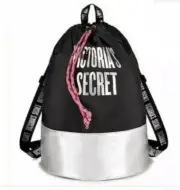 NWT Victoria's Secret Drawstring Backpack Bag Tote Black & Silver