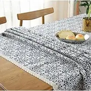 Bringsine Cotton Linen Table Cloth Cover Fabric Vintage Navy Damask Decorative Lace Tablecloth for Dinner Picnic Home Decorative（Rectangle/Oblong, 55 x 79 ）