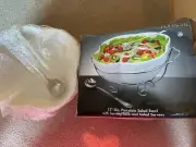 New Godinger 10.5" Round Porcelain Salad Bowl w/ Serving Rack & Salad Servers