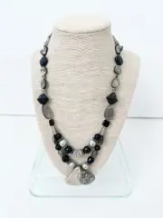 NWT Genuine Black Onyx, Quartz, Pearls & Shell Necklace Gray Silver Beaded