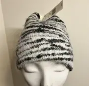 NWT DKNY Black/White Fuzzy Eyelash Beanie Hat -Zebra Animal Print -MSRP $36(C-9)