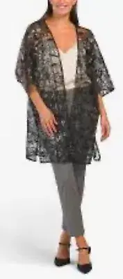 Anne Klein Women’s Black Floral Sequin Open Front Midi Kimono Cardigan Size L/XL