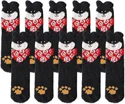 [Jaksairos] Coral Fleecce Sleep Socks 5/10 Packs Women's Fluffy Dog Cartoon Velvet Socks Thick Snug Warm Floor Footwear