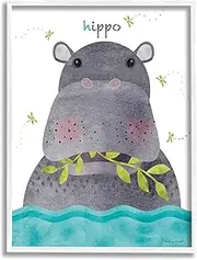 [Stupell Industries] Children's Hungry Animal Hippo Dragon Flies Blue Water, Designed by Stephanie Workman Marrott White Framed Wall Art, 24 x 30