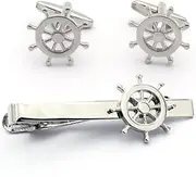 [Vodafor] Ship Wheel Tie Clip and Cufflinks Set – Nautical Design for Men, Elegant Accessory for Weddings, Parties, and Formal Events, Medium, Non-Precious Metal, No Gemstone