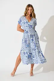 Zadie Midi Dress Short Sleeve in White and Blue Tile Print 8