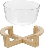 Cabilock 1Set Versatile Mixing Bowl with Wooden Base Heat Resistant Glass Salad Bowl for Serving Fruits Vegetables Snacks Ice Storage for Microwave Use