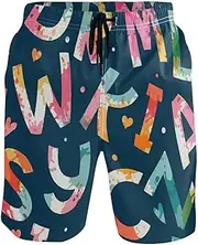 [GuoChe] Mens Swim Trunks Alphabet Colorful Quick Dry Beachwear Beach Swim Shorts Bathing Suits Mesh Lining, Alphabet Colorful, Small