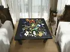 24" Black Square Marble Center Sofa Coffee Table Semi Precious Stone Floral Deco