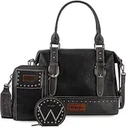 Montana West Wrangler 3Pcs Doctor Bag Set for Women, Top Handle Satchel Cell Phone Purse Handbags Hobo Bags, Eye-catching Black, One Size