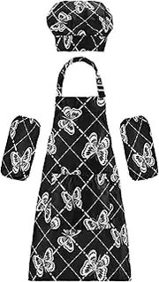 AIXIWAWA Kids Apron Chef Hat Set, Child Kitchen Bib Aprons Adjustable for Cooking Baking Painting (White Plaid Butterfly)
