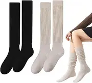 [SEFIRST] 2 Pairs Women's Knee Socks, Leg Warmers Socks, Slouch Socks, Casual Socks, Knitted Knee-High Boot Socks, Cotton Long Socks, Thermal Socks, Party Accessories, Retro Punk, Black Khaki, Black,