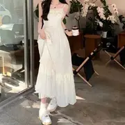 Spaghetti Strap Plain Frill Trim Midi A-Line Sundress Off-White - S