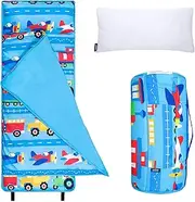 Wildkin Microfiber Nap Mat with Pillow for Toddler Boys and Girls,Ideal for Daycare and Preschool,Measures 50 x 1.5 x 20 Inches,Mom's Choice Award Winner,BPA-Free,Olive Kids(Trains, Planes and Trucks)
