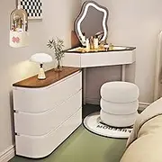 Corner Vanity with LED Mirror and 5-Drawer, Space-Saving Telescopic Dressing Table,Glass Top Mobile Cubby Storage Unit,White(Dresser+Mirror_80CM)
