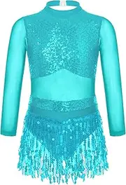 [inhzoy] Kids Girls Sequins Shiny Jazz Latin Dance Dress Mesh Hollow Back Tassel Salsa Tango Dancewear Costume