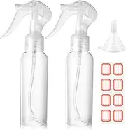 COMNICO 2PCS Small Spray Bottles, 3.5oz/100ml Clear Plastic Hair Spray Bottle Reusable Fine Mist Travel Empty Bottle with Funnels Labels, Refillable Liquid Container for Essential Oils Water Squirt