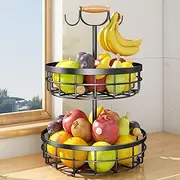 SAYZH 2-Tier Fruit Basket Bowl Vegetable Storage with Dual Banana Tree Hanger and Wood Lift Handle, Kitchen Countertop Metal Wire Basket for Bread Onions Potatoes (Black, 2 Tier)