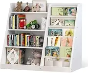 EXPERLAM Kids Bookshelf and Toy Storage Organizer, 4 Tier Wooden Kids Book Shelf with Sling Book Rack in Kids Room Playroom Nursery for Kids, Children, Toddlers, White