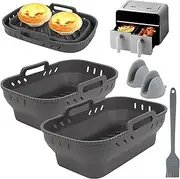 Air Fryer Silicone Liners for Ninjas Dual, 2 Pack Foldable Silicone Air Fryer Liners Basket Double with Oven Mitts and Brush , Rectangle Air Fryer Pot Rack Accessories For Air Fryer, Oven, Microwave