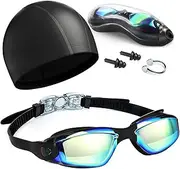 4 in 1 Swimming Goggles Set, Professional Swim Goggles HD Lenses, UV Protection No Leaking Anti Fog,Adjustable Size Swim Goggles with Nose Clip,Swim Cap, EarPlugs, Case,Suitable Adult/Children