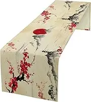 Japanese Table Runner, Cherry Blossom Asian Nature Landscape Aesthetic Kitchen Dining Table Runners for Indoor Outdoor Home Party Holiday Decor 13X70Inch