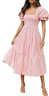 [ZESICA] Women's 2023 Bohemian Summer Plaid Square Neck Puff Sleeve Ruffle Flowy Beach Midi Dress