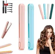 Hermsa Dualglam Mini Curling Iron, Dualglam Mini Dual-Purpose Curling Iron, 2-in-1 Mini Curling Wand & Flat Iron Hair Straightener for Short Hair, Portable USB Ceramic (Blue+Pink)