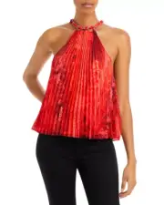 NWT- Alice + Olivia 'Alycia' Chain-Neck Pleated Halter Top, Bright Coral- Medium