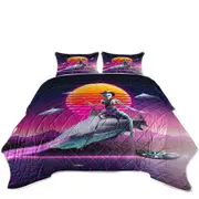 Funny Fiction Art Cowboy Space Alien Riding Shark Coverlet