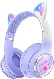 RigWig Kids Bluetooth LED Cat Ear Headphones with Mic – Girls, Boys, Teens, 25H Playtime, Foldable Wireless Headphones w/ 3.5mm Jack, Adjustable Band, 6D Stereo Sound, Gift for Cat Lovers (Purple)