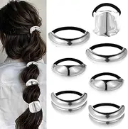 HJZHII 7Pcs Silve Hair Cuffs, Metal Hair Tie Elastic Ponytail Cuff Metal Geometric Hair Bands Ponytail Holder Rip Tie Hair Accessory Hairband for Women Thick Thin Curly Hair Trendy Gift(Silver)