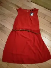 PRIMARK Sunset Red Orange Ladies Smart Dress Belted Floaty Size 14 BNWT