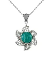 Sterling Silver Filigree Amazonite Gemstone Blossoming Lotus Flower Pendant Neck