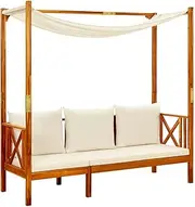 vidaXL Solid Acacia Wood Retro-Styled Garden Bench - Outdoor Daybed with Canopy, Thickly-Padded Cushions for Comfort & Sun Shelter - Cream