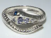 Fabulous Solid 14K White Gold Natural Tanzanite & Sapphire Detailed Snake Ring