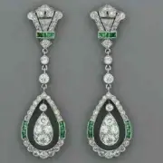Art Deco Style Lab Created Diamond Emerald Wedding 14k White Gold Finish Earring